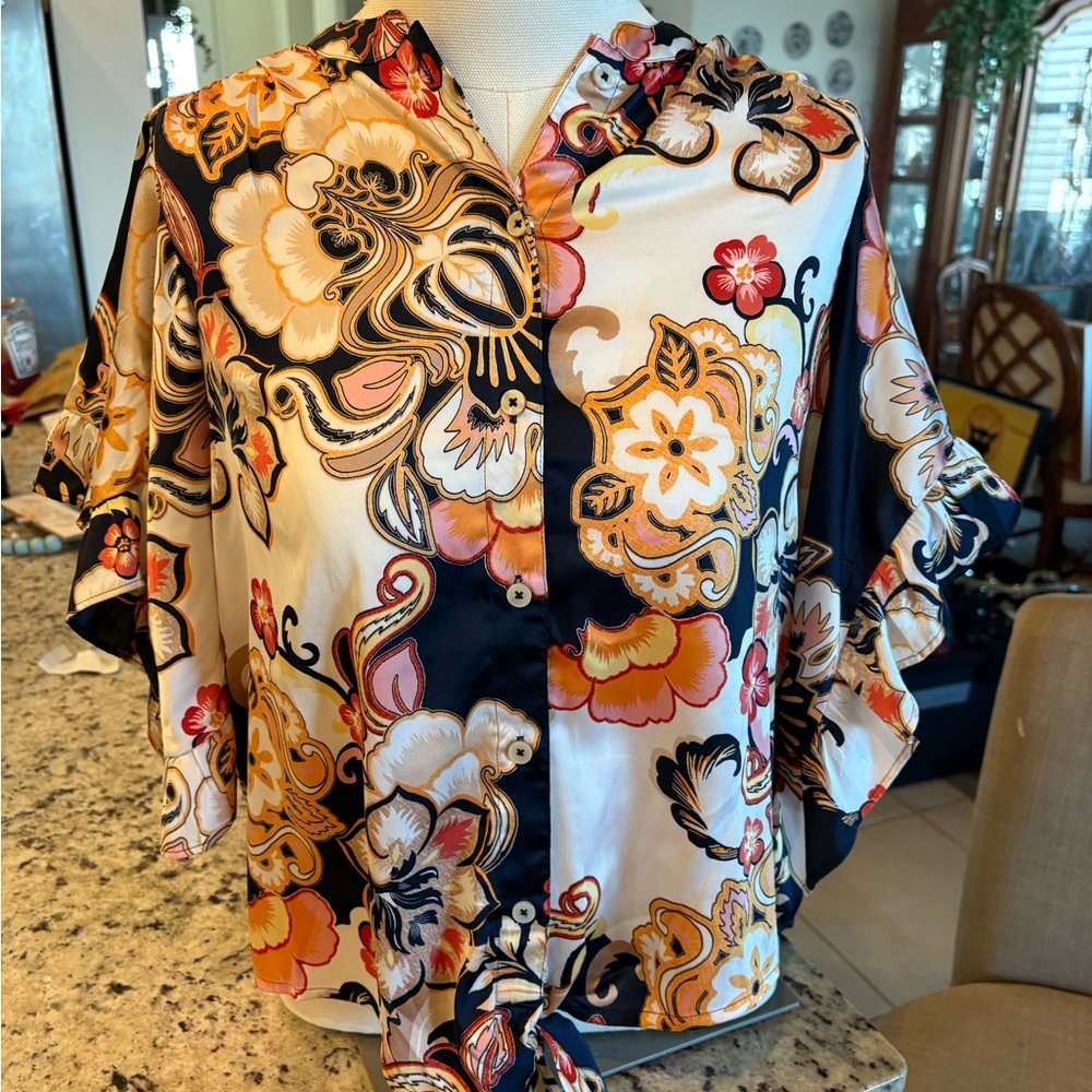 Chico's Black and Orange Floral Blouse